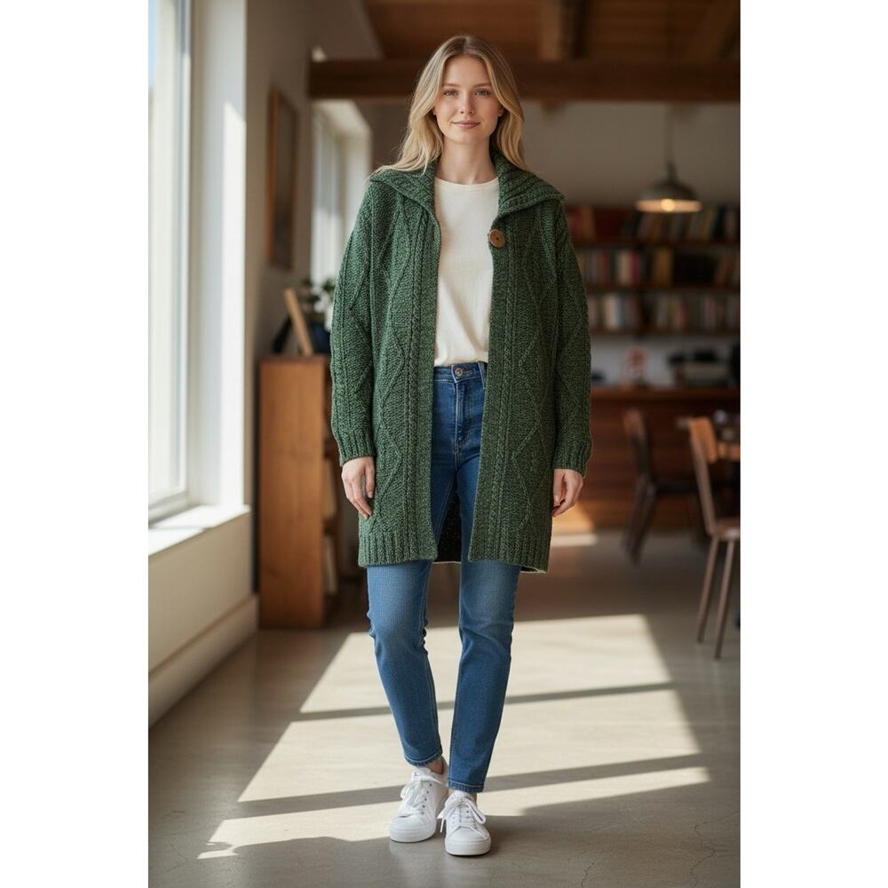 Carraig Donn Cardigan Sz M Green Celtic Knot One Button Irish New Wool FLAWS - Picture 2 of 11